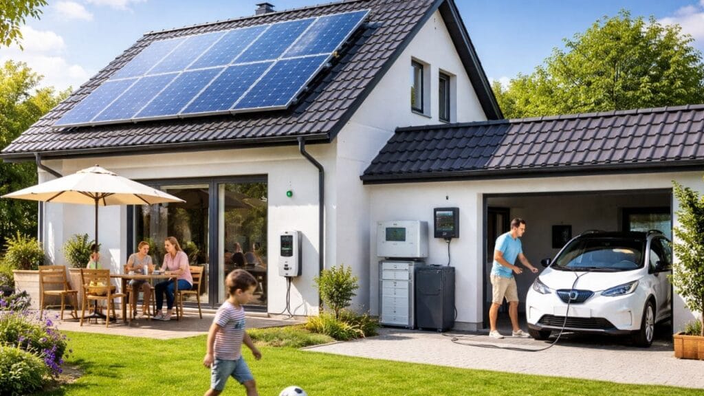 Hogar moderno con paneles solares y uso real de energía solar
