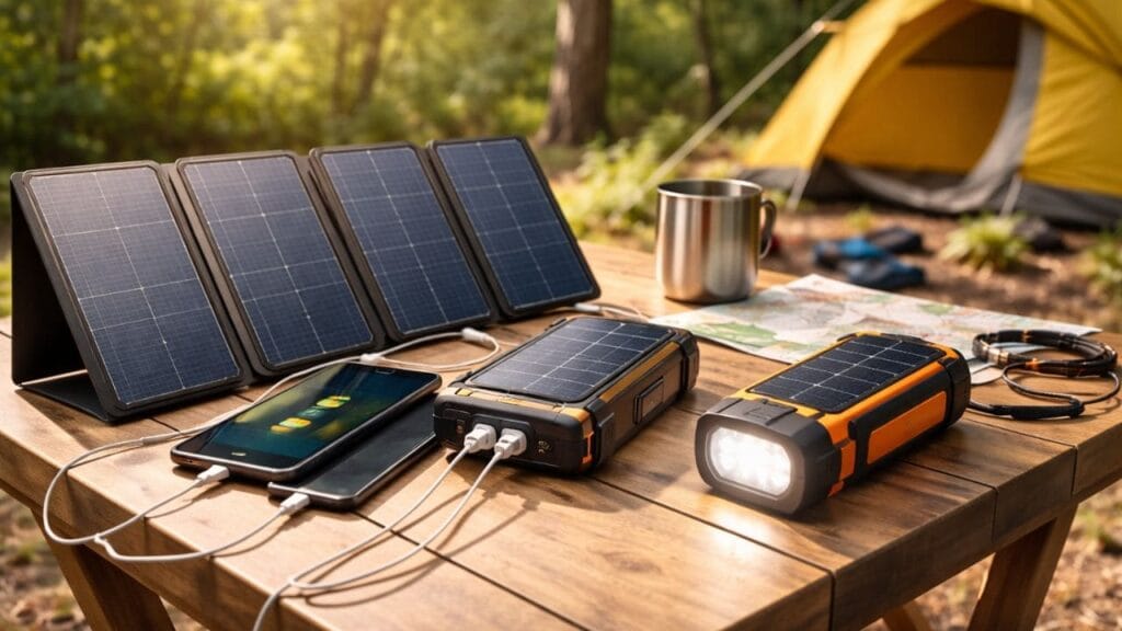 Dispositivos solares portátiles cargando teléfonos y tablets en un campamento al aire libre