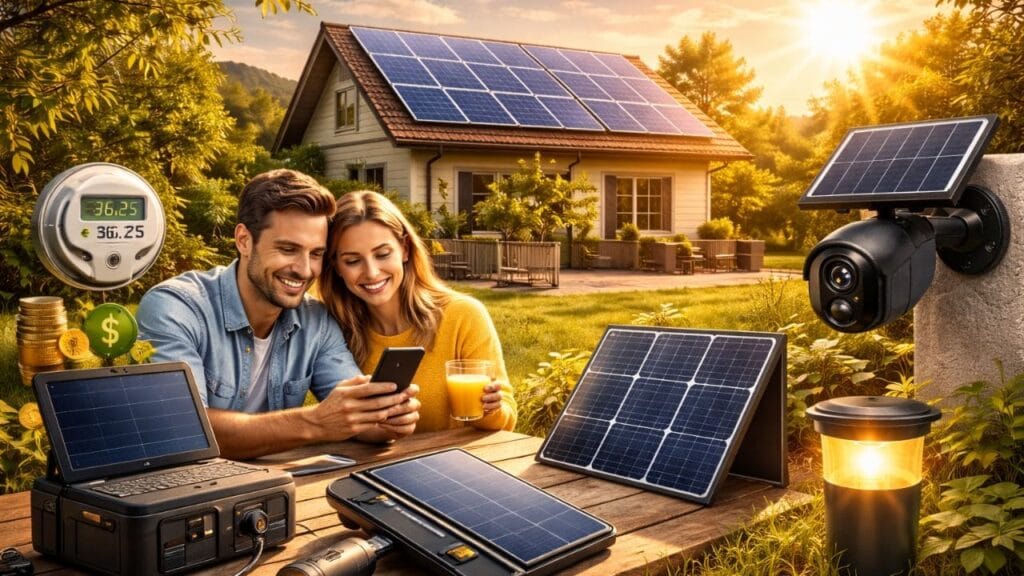 Ejemplo de productos solares para el hogar funcionando con energía solar.
