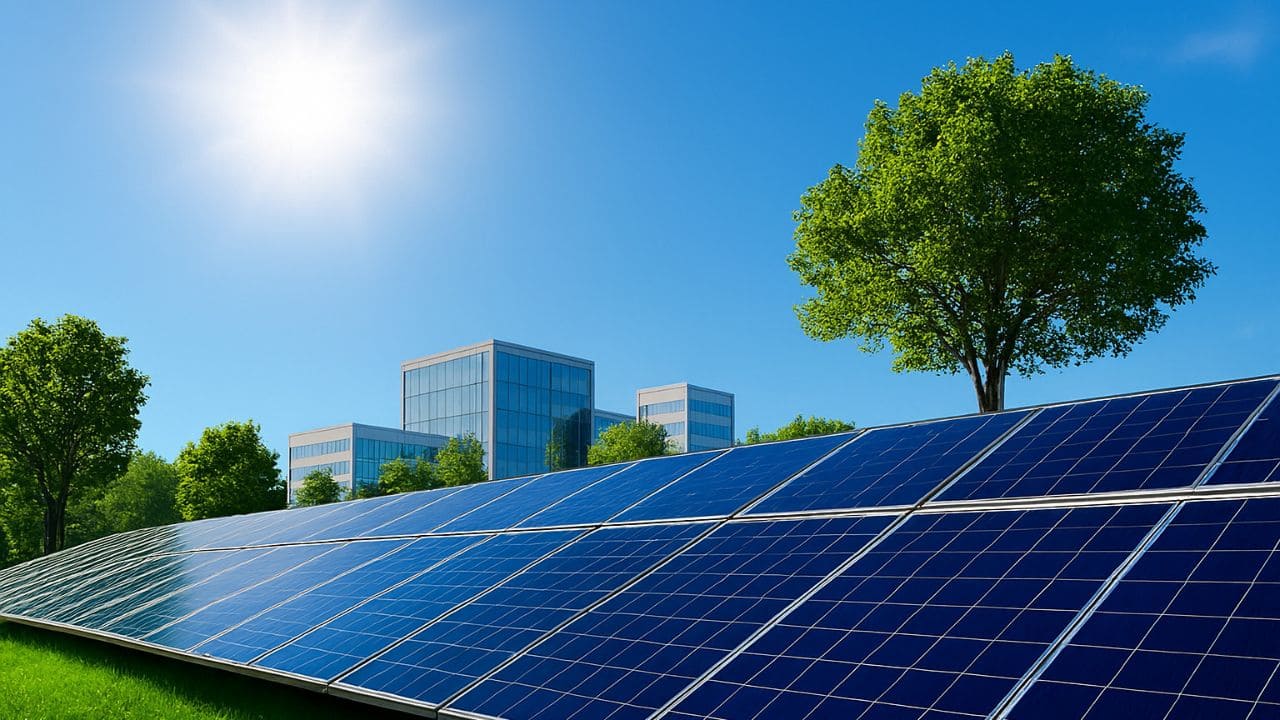 Energía solar: qué es y por qué es tan importante. Paneles solares instalados en un campo verde bajo un cielo azul con el sol brillando