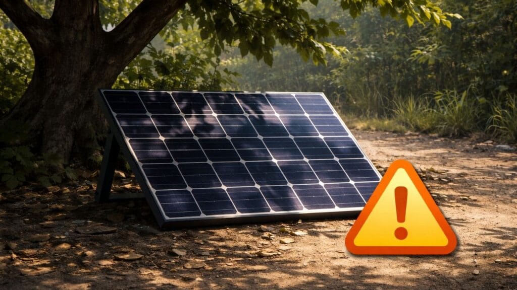 Panel solar instalado en una zona con sombra, un error común que reduce la eficiencia de los productos solares.