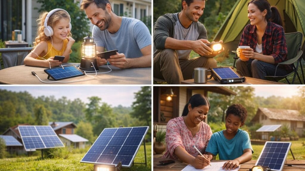 Uso real de productos solares en el hogar, camping y zonas rurales con energía solar