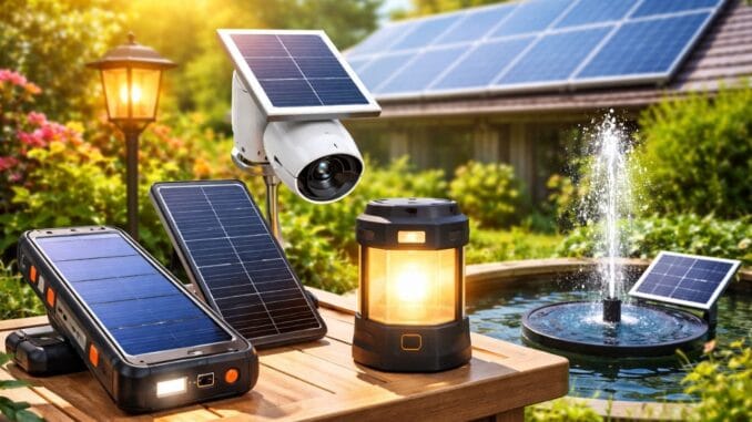 productos que funcionan con energía solar. Gadgets y productos que funcionan con energía solar como linterna, cámara de seguridad y cargador portátil