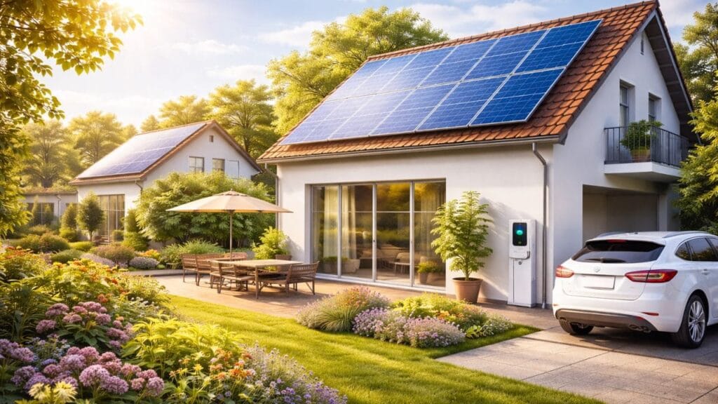 hogar moderno con paneles solares y sistemas de eficiencia energética