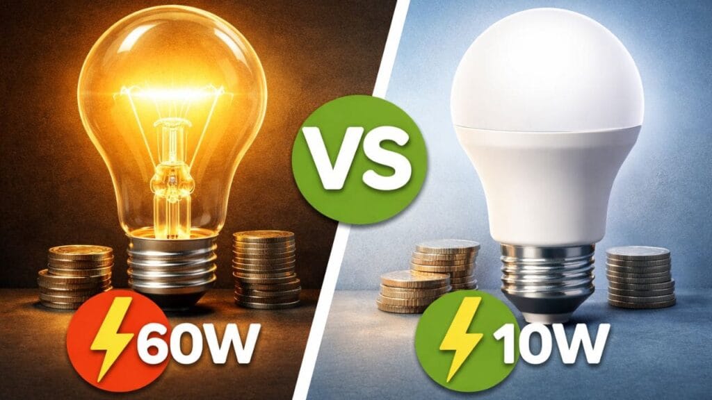 Comparación de consumo eléctrico entre bombilla tradicional de 60W y bombilla LED de 10W para ahorrar energía en casa.