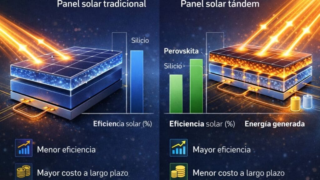 Comparación visual entre paneles solares tradicionales y paneles solares avanzados de nueva generación con mayor eficiencia energética.