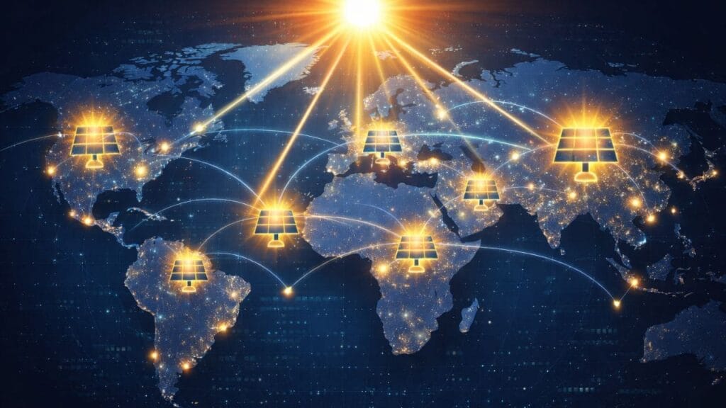 Mapa mundial con paneles solares conectados y un sol irradiando energía desde la parte superior.