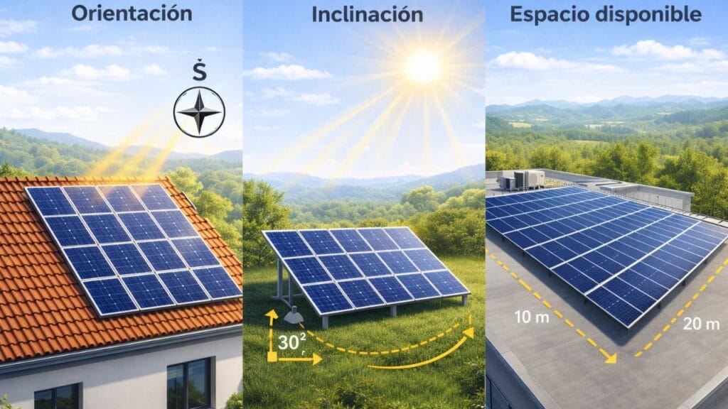 Ilustración que muestra la correcta orientación, inclinación y espacio necesarios para la instalación de paneles solares.