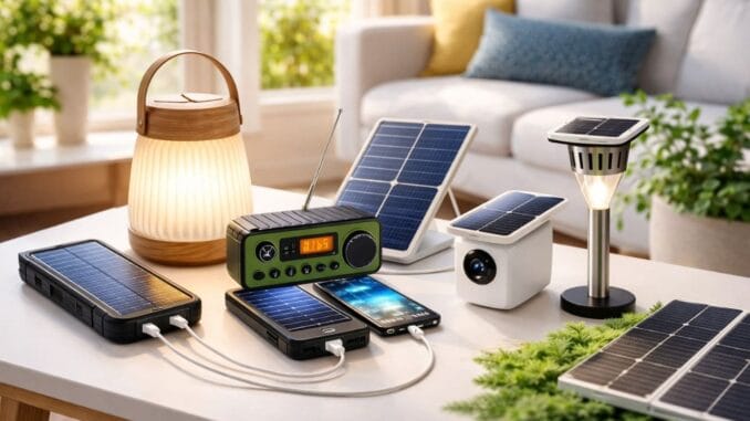 Gadgets solares en mesa iluminada Gadgets solares para el hogar