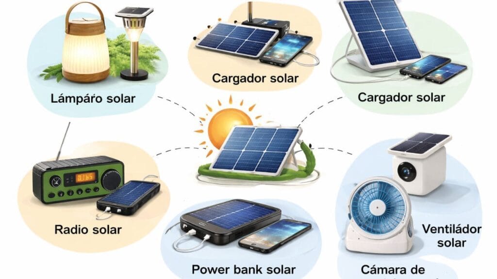 Principales gadgets solares para el hogar como lámparas solares, cargadores solares, radio solar, power bank solar, ventilador solar y cámara de seguridad solar.