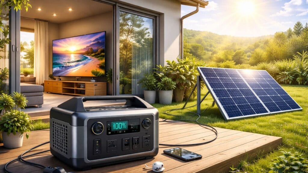 Generador solar portátil encendiendo un televisor con energía solar en un entorno moderno y sostenible