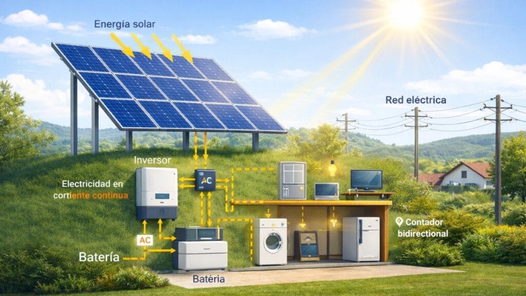 Diagrama del funcionamiento de los paneles solares que muestra cómo la luz solar se transforma en energía eléctrica mediante un sistema fotovoltaico.
