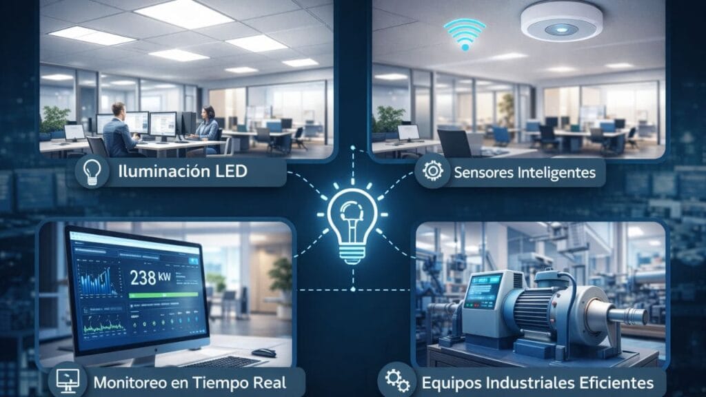 Estrategias de ahorro energético en empresas con iluminación LED, sensores inteligentes, monitoreo en tiempo real y equipos industriales eficientes.