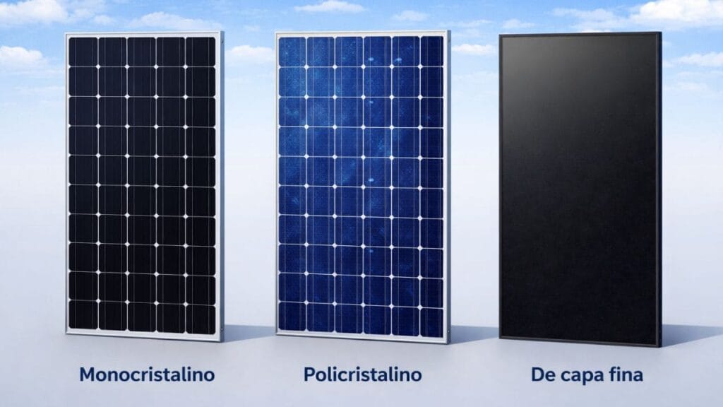 Comparación visual de los tipos de paneles solares: monocristalino, policristalino y de capa fina.