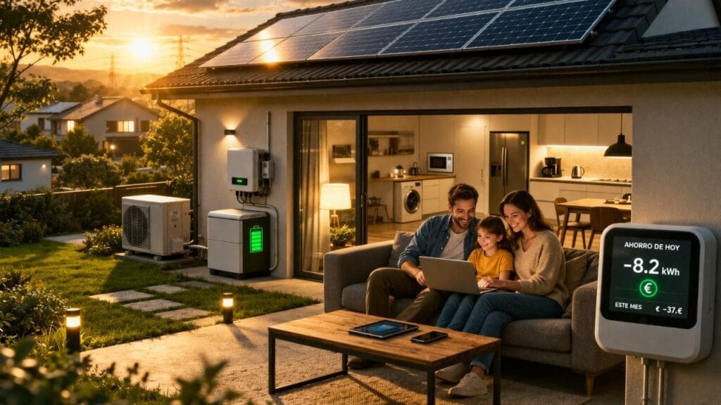 Casa moderna con ahorro solar y familia feliz