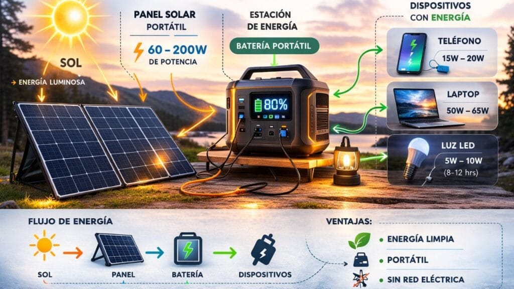 Infografía de cómo funciona un sistema solar portátil para camping: panel solar conectado a batería portátil que alimenta teléfono, laptop y luces LED.