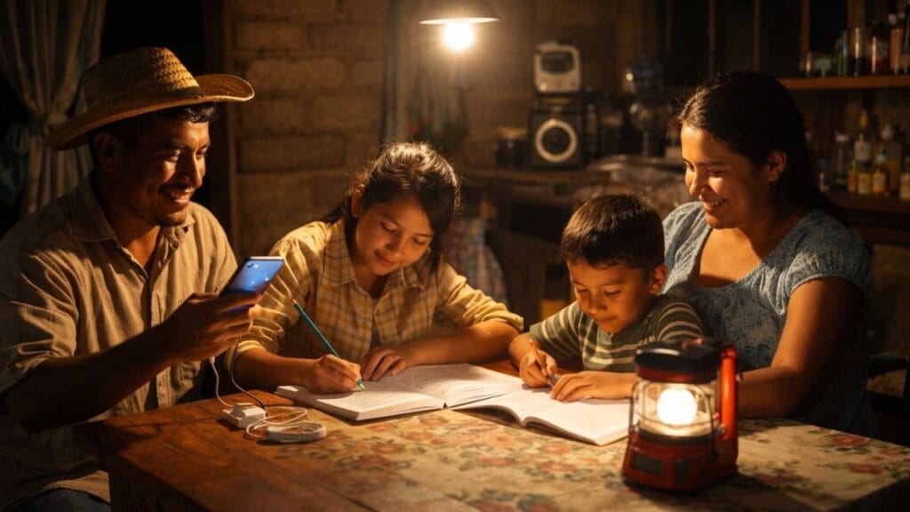 Familia rural iluminada por energía solar
