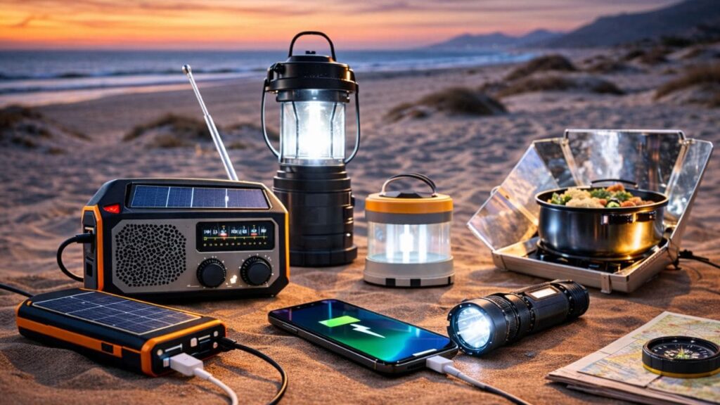 Gadgets solares al atardecer en playa