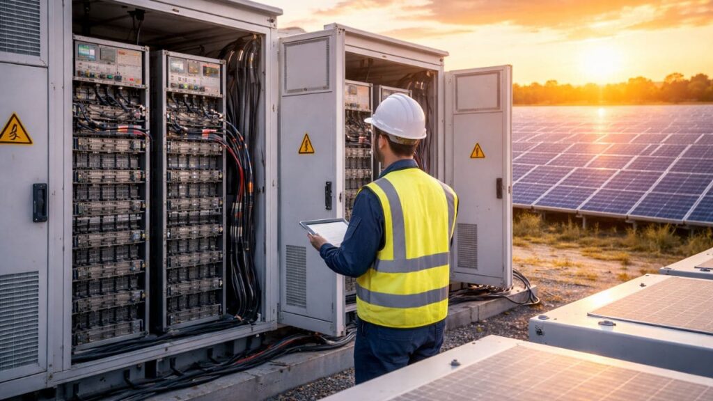 Ingeniero revisando almacenamiento de baterías solares