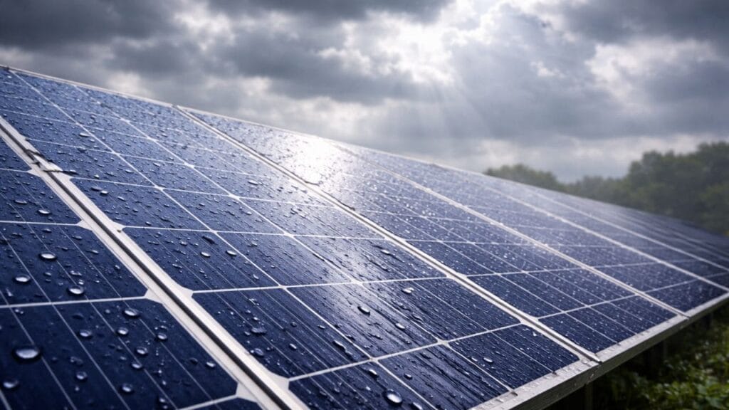 Panel solar mojado bajo cielos nublados