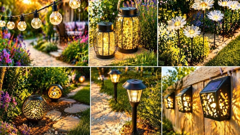 Luces solares en jardín al atardecer