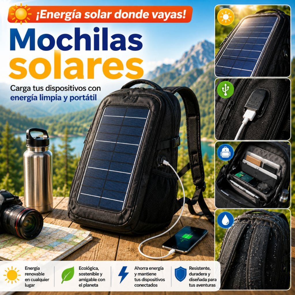 Mochila solar para aventuras al aire libre.