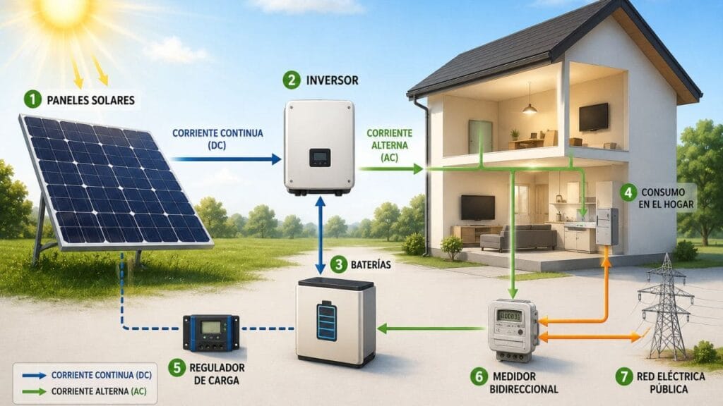 Sistema fotovoltaico residencial con paneles solares, inversor, baterías y conexión a la red eléctrica.