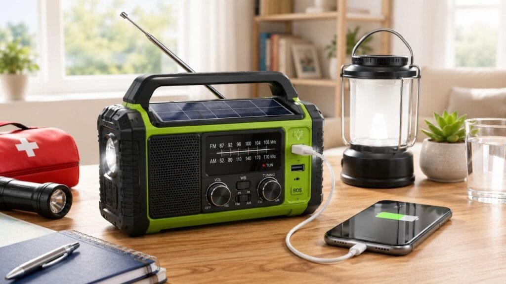 Radio solar de emergencia con linterna LED y carga USB para teléfonos móviles